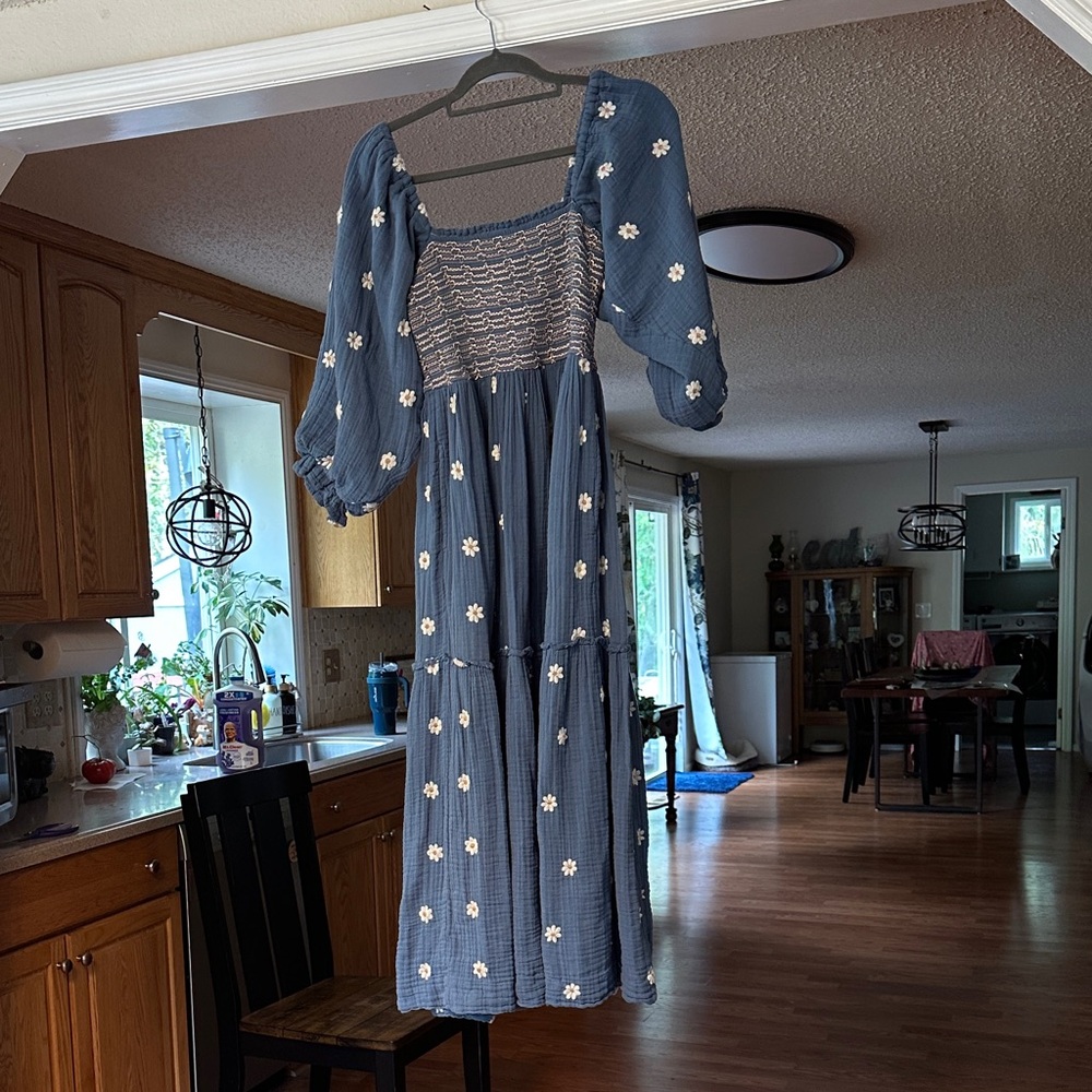 Free People Dahlia Embroidered Blue  Maxi Dress with White Daisy Floral Accents